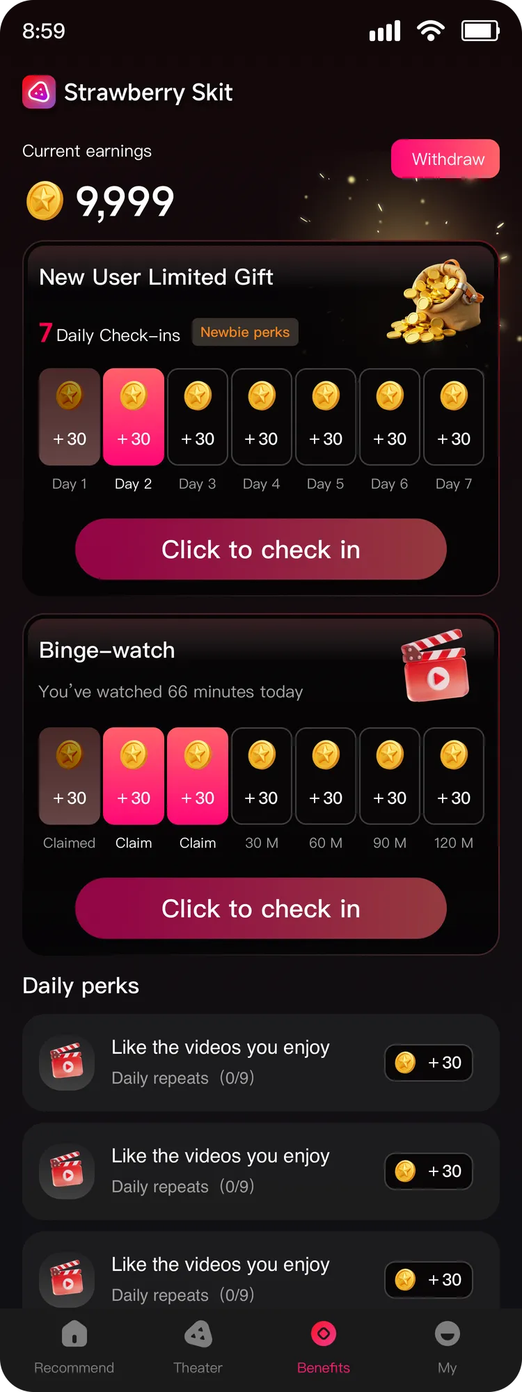 BerryV Benefits screen with daily check-in