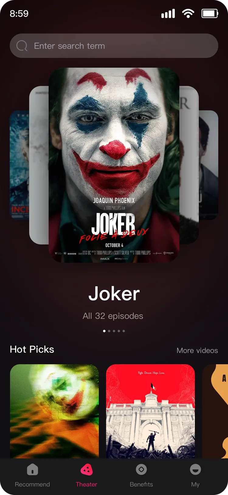 BerryV Theater screen with Hot Picks carousel